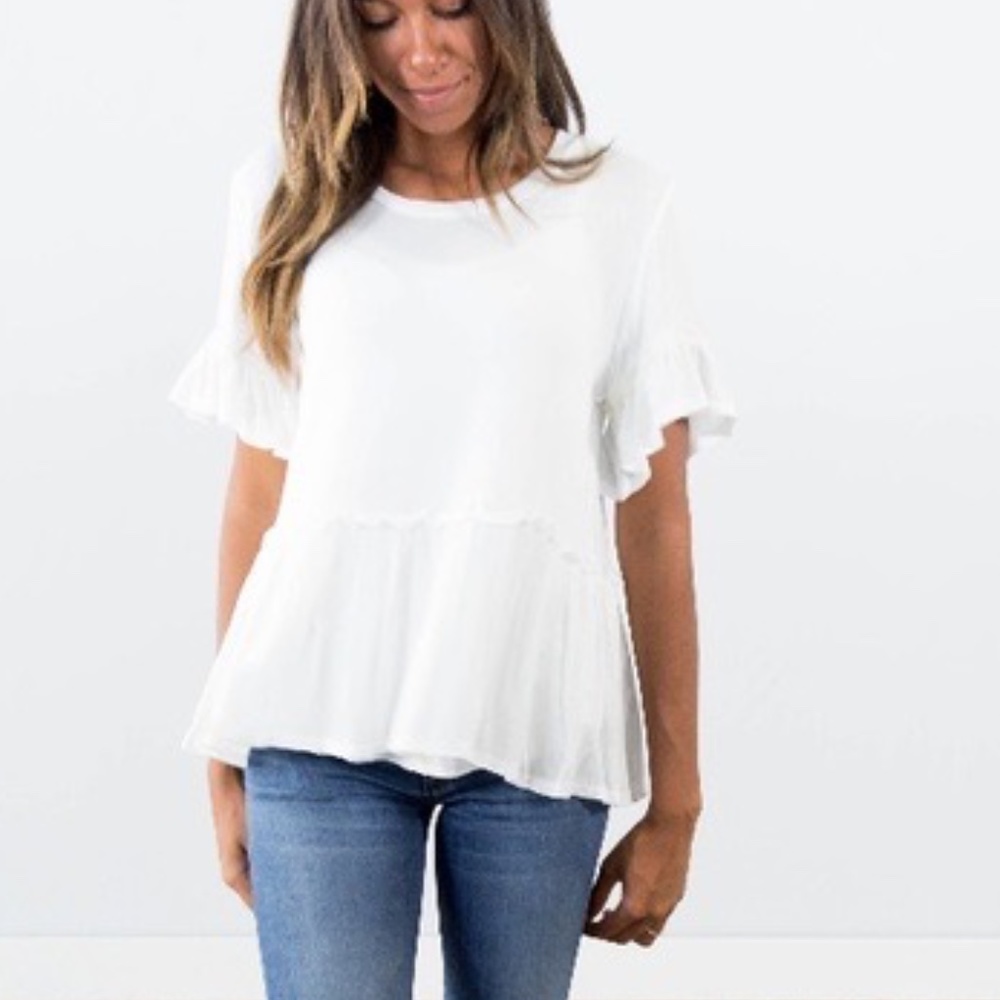 Stevie Hender White Ruffle Peplum Flutter Short Sleeve Top